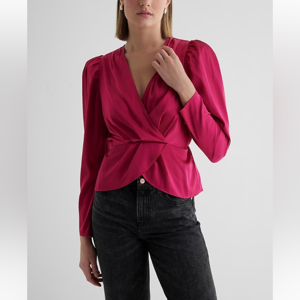 express magenta puff sleeve draped faux wrap peplum top Small